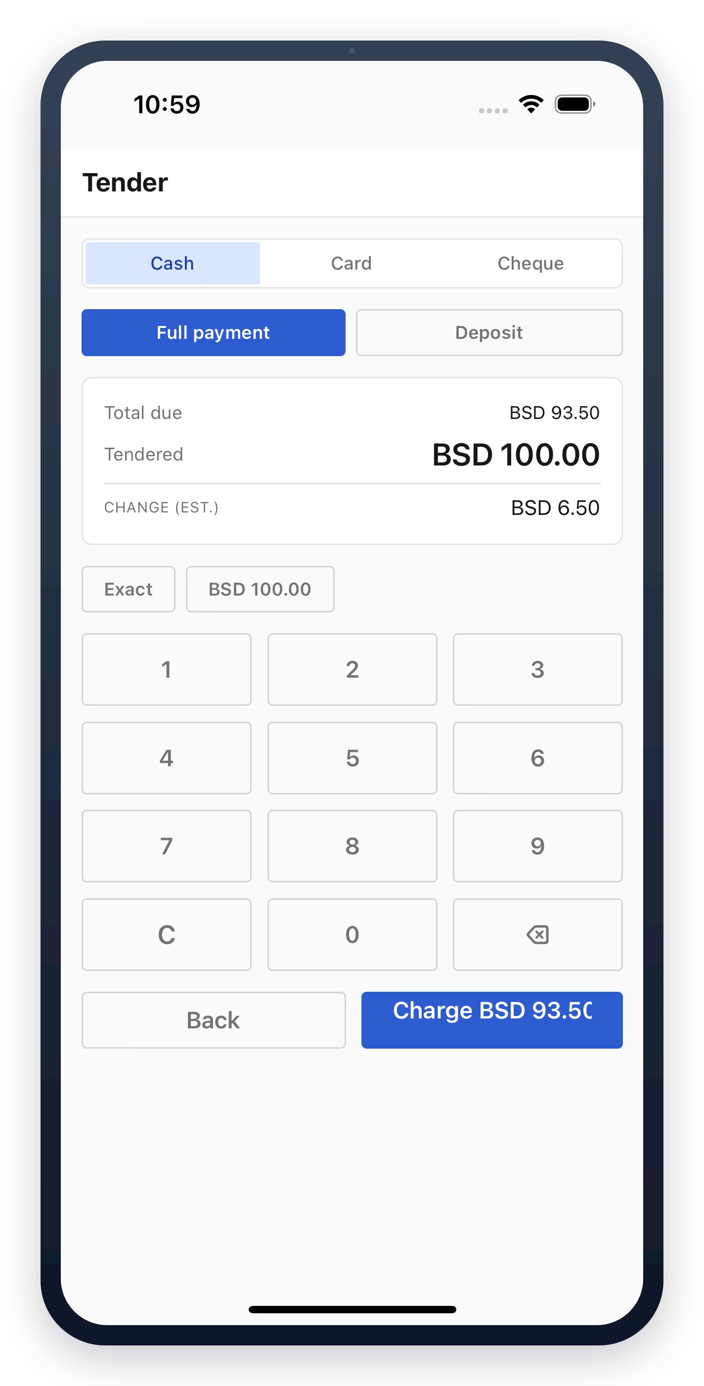 Take cash and show the change due