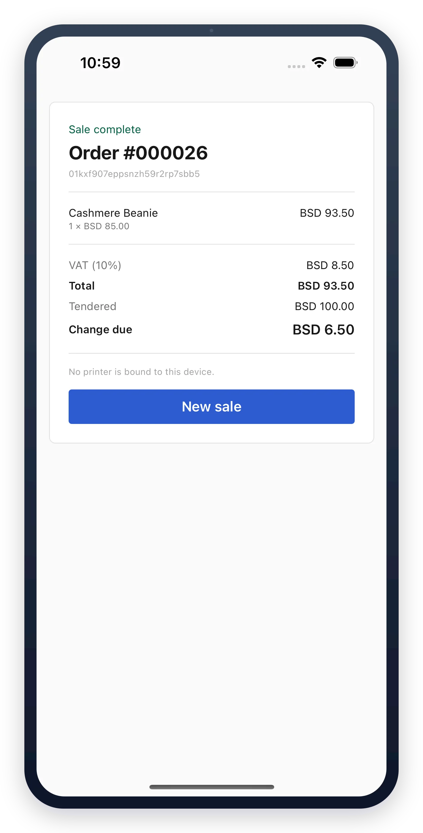 A finished sale with VAT and change due