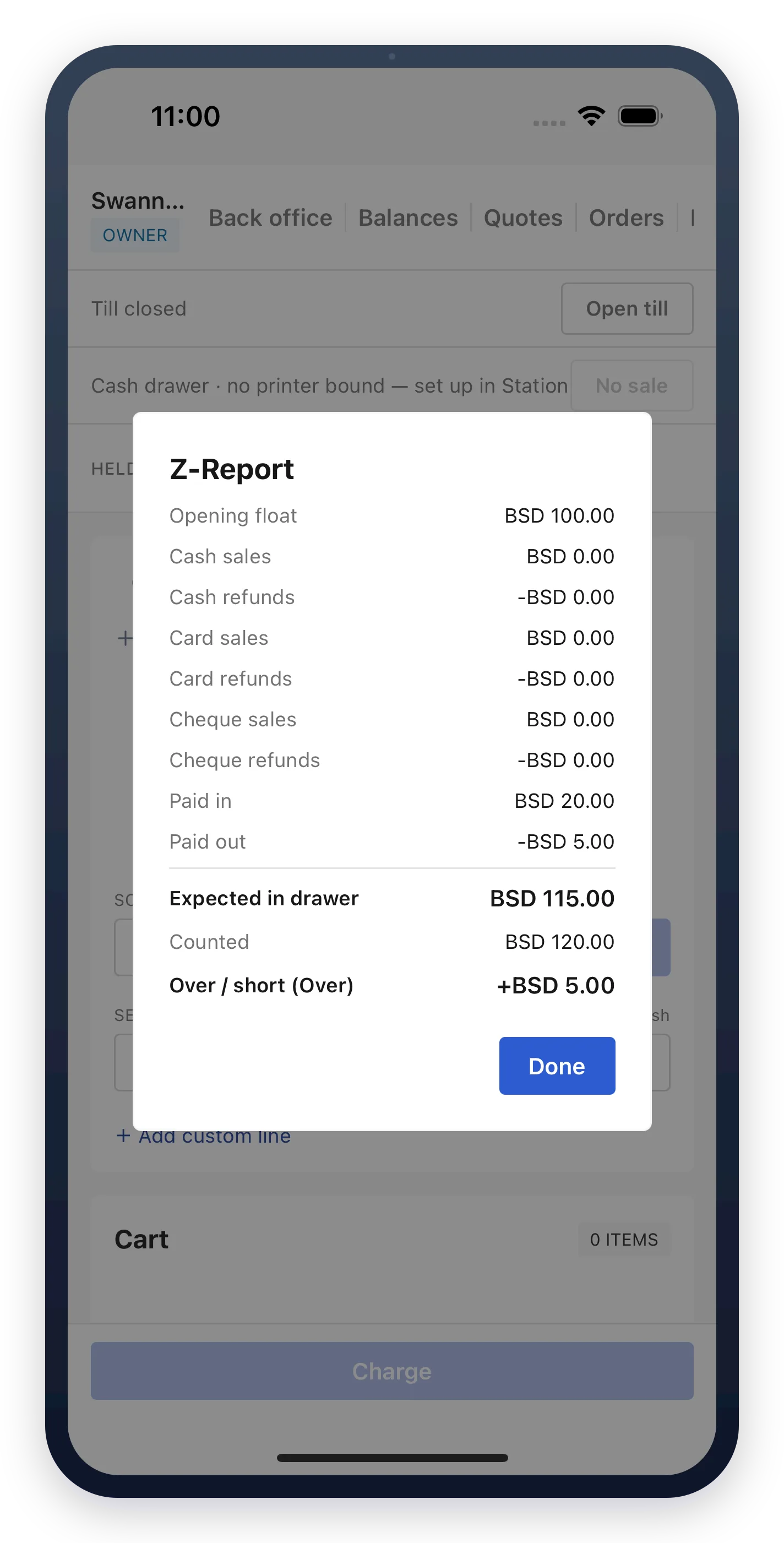 Reconcile the till with a Z-report at close